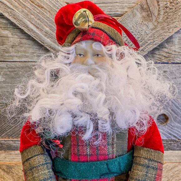 Traditional Christmas Santa Treetop/Tabletop-Embroidered Coat/Plaid Accents-10"H - Picture 2 of 8